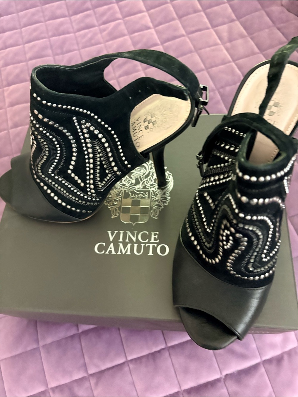 Vince Camuto Black Studded Suede/Leather Open-Toe Ankle Strap Heels